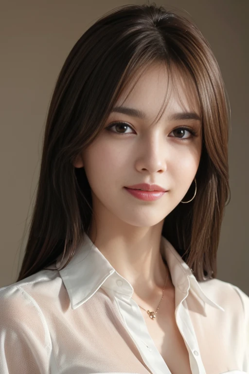 table top, highest quality, realistic, Super detailed, finely, High resolution, 8k wallpaper, 1 beautiful woman, light brown messy hair, he is wearing an open collar dress shirt, sharp focus, perfect dynamic composition, beautiful and detailed eyes, thin hair, Detailed realistic skin texture, smile, close-up portrait, model body shape