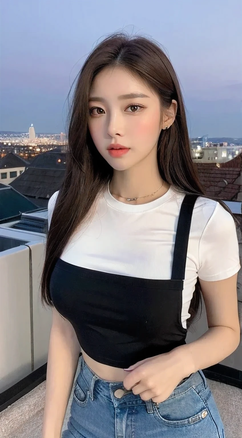 ((Midnight, Best quality, 8k, Masterpiece :1.3)), Whole body, Long legs, Sharp focus :1.2, A pretty woman with perfect figure :1.4, Slender abs :1.1, ((Dark brown hair, Big breasts :1.2)), (White tight tshirt, Jean bib, Standing:1.2), ((Night city view, Rooftop:1.3)), Highly detailed face and skin texture, Detailed eyes, Double eyelid