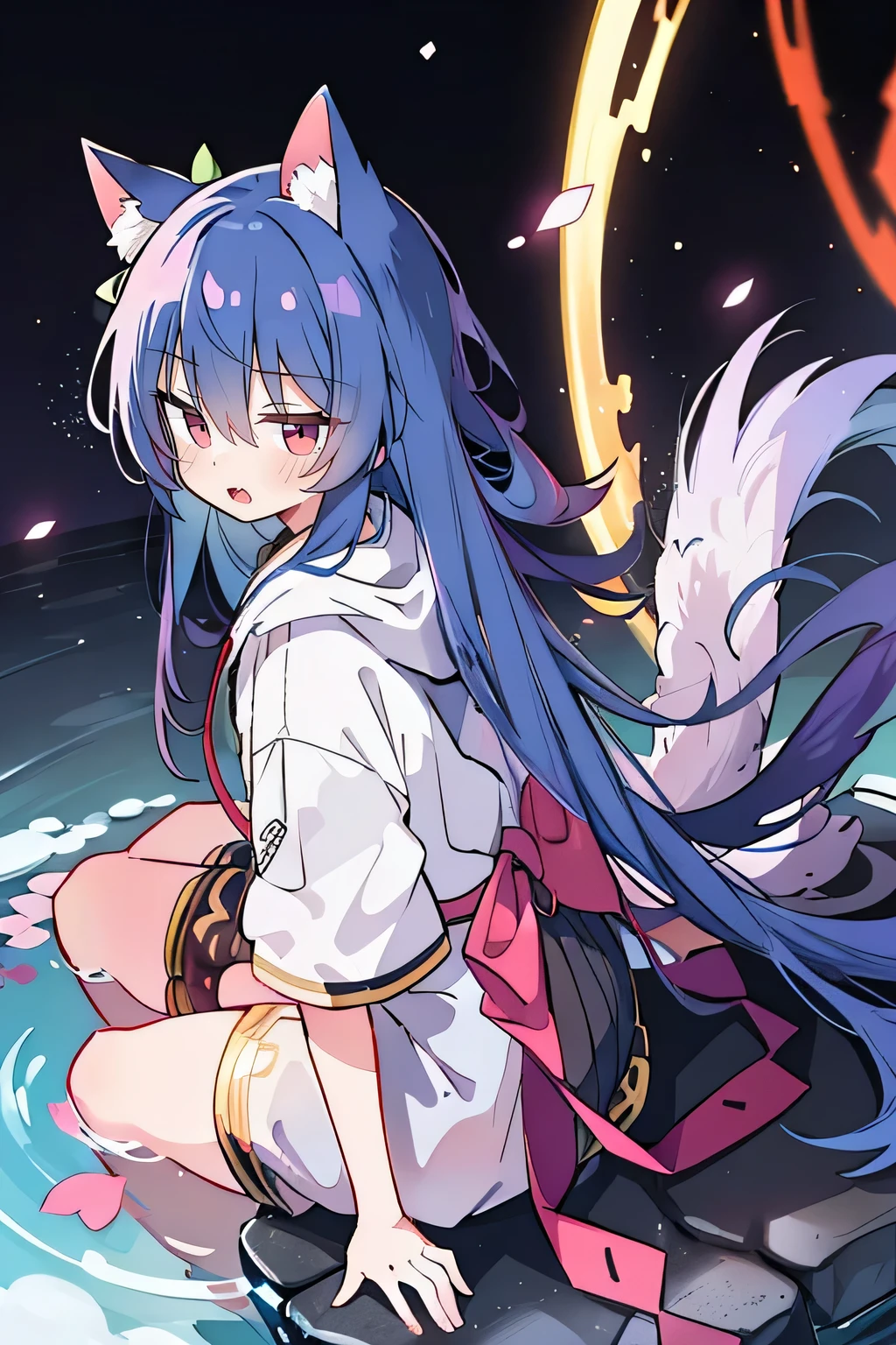 (masterpiece:1.2),Super detailed,lifelike,Expressive eyes,fair skin,perfect face shape,1 girl,
Japanese comics,Gorgeous blue hair,flowing blue hair,flowing clothes,Cat ears,Petals fall,beautiful lola,Baby Angel,
Shaking head with one hand,Cross your legs,Gentle and peaceful background,The pavilion is cool and comfortable,smile, wearing hoodie, background of tokyo,back views,snowing, winter,lie on the water.