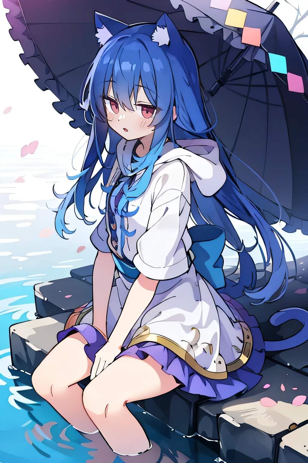 （masterpiece：1.2），Super detailed，lifelike，Expressive eyes，fair skin，perfect face shape，1 girl，
Japanese comics,Gorgeous blue hair,flowing blue hair,flowing clothes,Cat ears,Petals fall,beautiful lola,Baby Angel,
Shaking head with one hand，Cross your legs，Gentle and peaceful background，The pavilion is cool and comfortable,smile, wearing hoodie, background of tokyo,back views,snowing, winter,lie on the water.