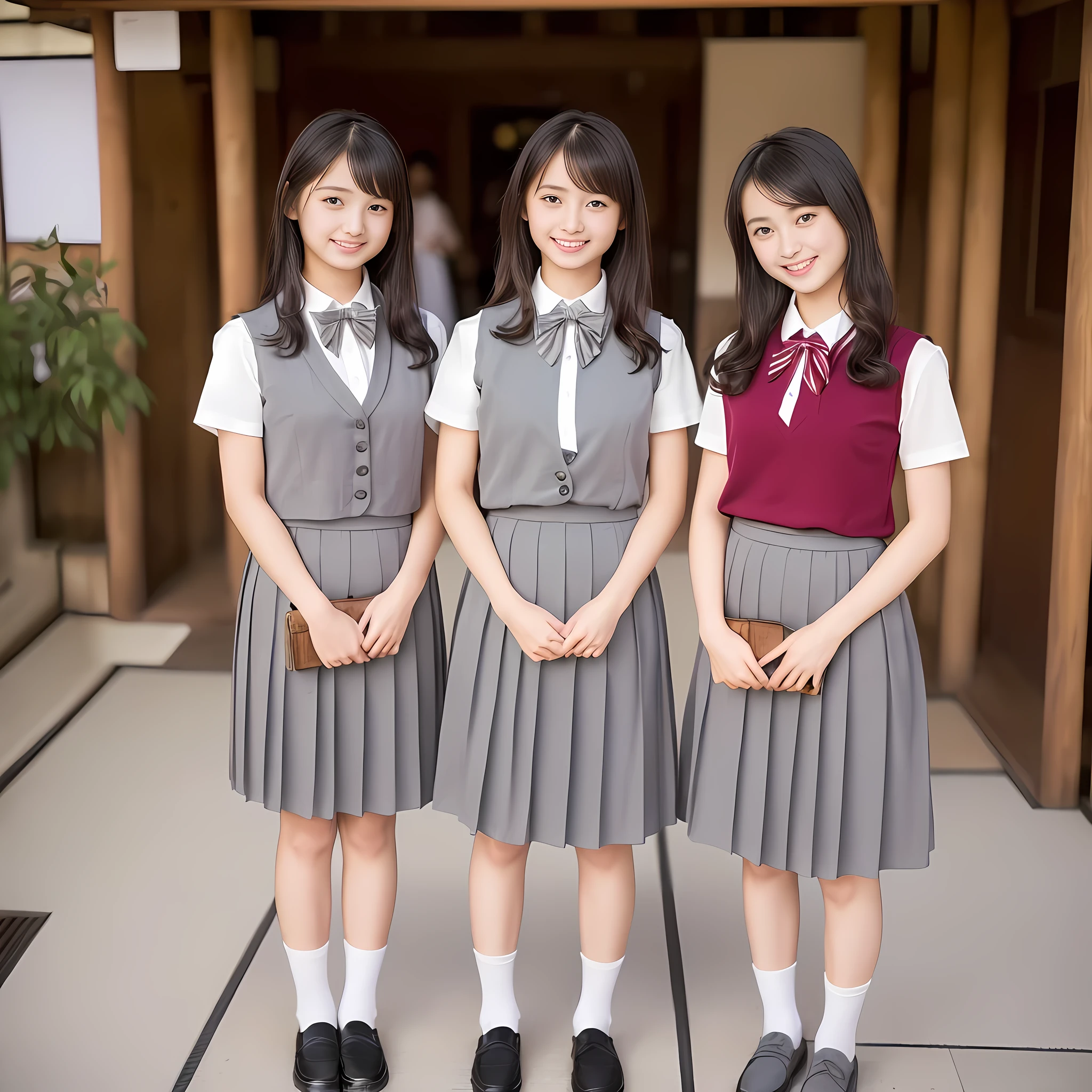 (highest quality, masterpiece:1.2), highest quality, Realistic, photograph, High resolution, 1080p, 8K, Physical Rendering, ((Height: 158cm)), ((((14 years old cute girly Japanese fashion models are standing like a fashion model and smiling directly at the viewer)))), (((big very detailed Japanese beautiful dark brown eyes))), ((loving and laughing at me!)), detailed fingers, ((curled blunt bangs)), ((((Very noble and cute eyes)))), ((double eyelids)), (((long eyelashes))), ((cute lovely lovely laughing laughing cheeks)), (((Her facial features are very expressive noble smile, very sweet, very intelligent))), ((((deep red ribbon bow tie)))), ((((black very beautiful and super long straight hair)))), ((((gray box-pleated school long skirt and grey vest)))), noble box-pleated skirt covers knees, ((((A ivory summer blouse with puffed short sleeves)))), ((Classical orchestra concert hall)), ((complexion lightening)), ((Full body shot)), Japanese girls legs, (((white socks and loafers))), (((((The most beautiful girl in Japan)))))