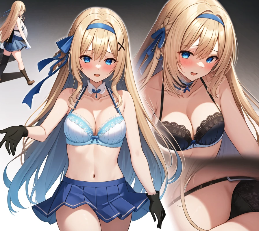 (masterpiece, best quality:1.2), 1 Girl, Solitary, blond, Blue hair band, 左边是Blue hair band, White blue bra, Black gloves, knight skirt, Gray background