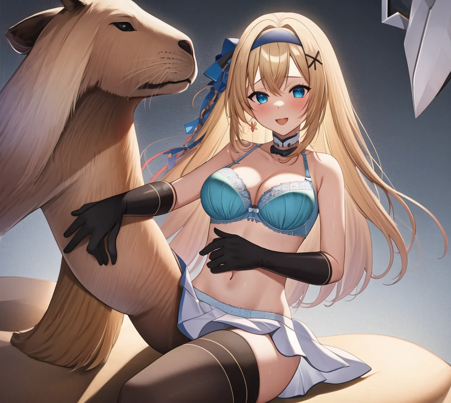 (masterpiece, best quality:1.2), 1 Girl, Solitary, blond, Blue hair band, 左边是Blue hair band, White blue bra, Black gloves, knight skirt, Gray background