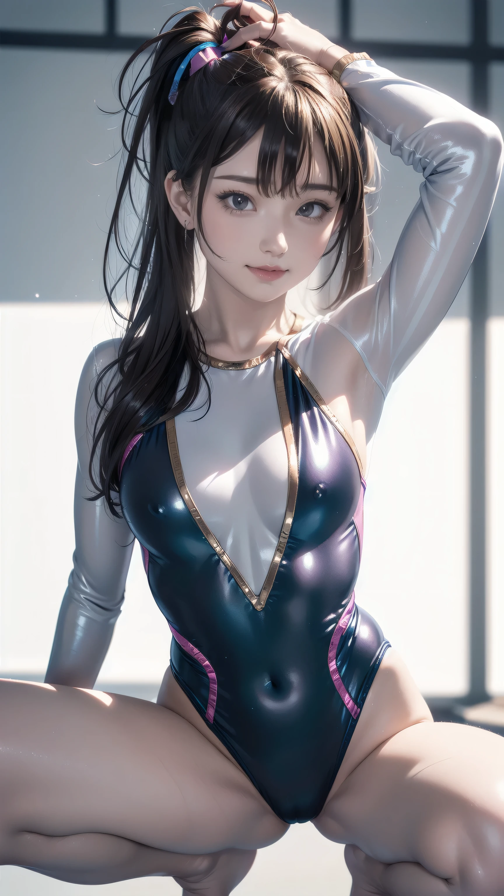(woman:2 people), ((Highly detailed skin), Beautiful realistic face, White skin, Pointed Chest, Small nipples, Perfect Anatomy, Realistic eyes, Natural Eyes, Brown Eyes, Accurate eye focus, Accurate limbs), (Hyper Realist, Ultra-realistic, 4k, Attention to detail, Ultra-high resolution, highest quality, masterpiece, Presence, dynamic, Uplifting, bold, Sharpness), (Thinning hair:2), (Soft Hair:2), (Straight hair:1.5), Long, slicked bangs, Very light coppery amber hair, Hair on one eye, (Twin tail hair), (Female gymnast, Detailed costume, Wearing a long sleeve leotard:1.5), Shiny long sleeve leotard, Metallic colors long sleeve leotard, Racing long sleeve leotard, Gymnastics Long Sleeve Leotard, High leg long sleeve leotard, Long sleeve leotard with crystals, ({Metallic pink color| Metallic gold color| Metallic silver color| Metallic red color| Metallic navy color| Metallic blue color| Metallic purple color| Metallic yellow color| Metallic grey color| Metallic colors|}Long sleeve leotard colors), Big Breasts:1.3, Tall, Long, slender limbs, Crouch down, M-shaped split, (Squat:1.2), Squat with your legs wide apart, Spread your legs, The long-sleeved leotard is digging into her butt, barefoot, Looking into the camera, smile, Underhair does not grow, (Gymnastics Venue:1.3), Nikon, Canon,
