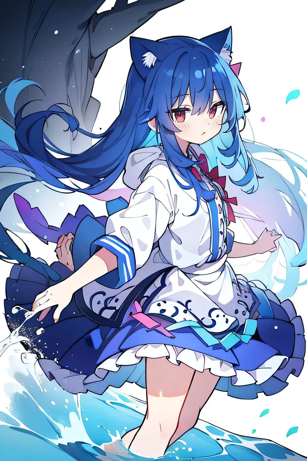 (masterpiece:1.2),Super detailed,lifelike,Expressive eyes,fair skin,perfect face shape,1 girl,
Japanese comics,Gorgeous blue hair,flowing blue hair,flowing clothes,Cat ears,Petals fall,beautiful lola,Baby Angel,
Shaking head with one hand,Cross your legs,Gentle and peaceful background,The pavilion is cool and comfortable,smile, wearing hoodie, background of tokyo,back views,snowing, winter,lie on the water.