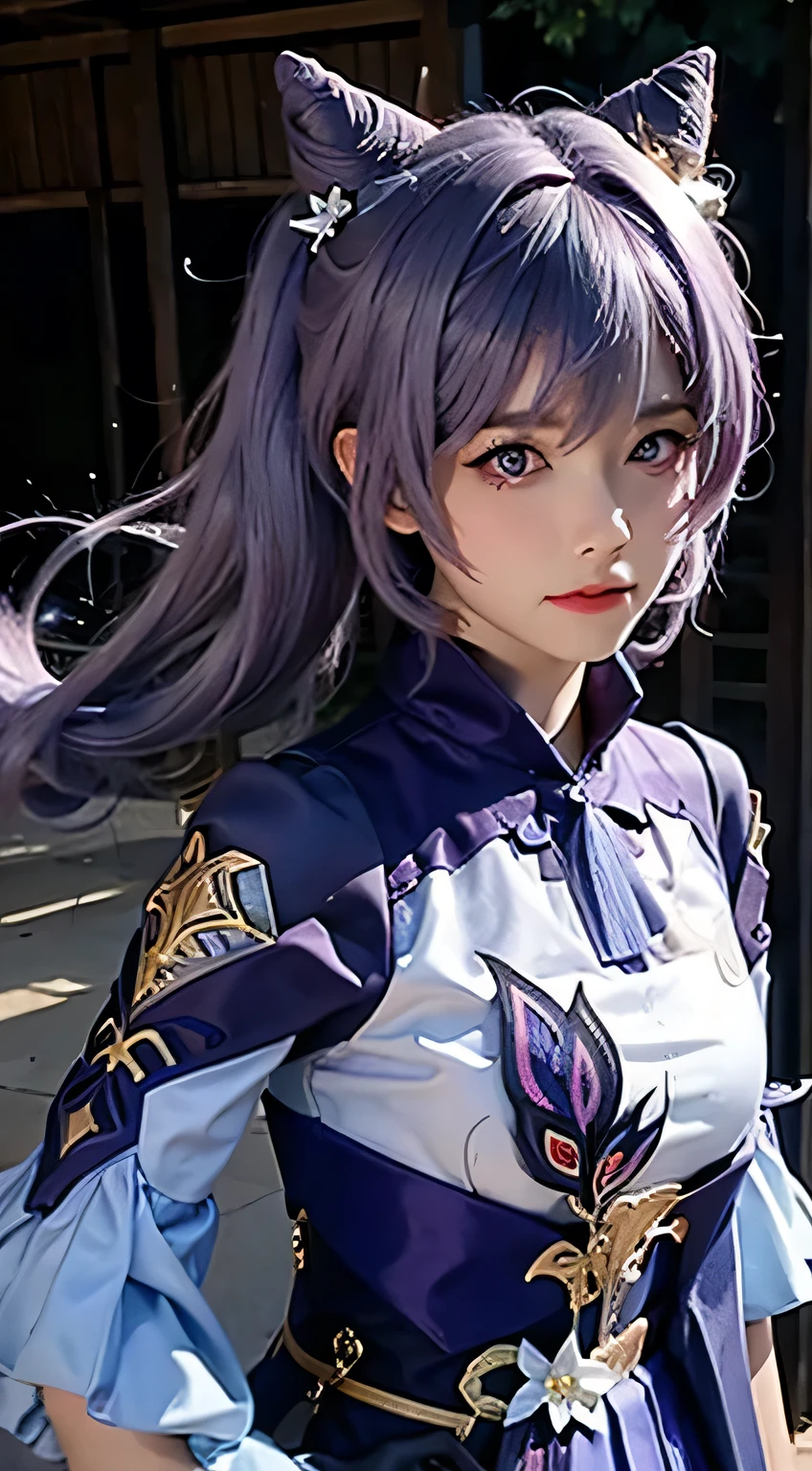 Masterpiece, best quality, detail, depth of field, ultra-realistic, realistic face and eyes, realistic skin texture, cinematic lighting, eyes to see the audience. 1 girl, solo, (frown, closed mouth), keqing_\(genshin_impact\), purple_eyes, purple hair, double tail, sharp eyes, serious face, gloves, black stockings, outdoor, purple lightning, fileg, lightning glowing sword, purple lightning, upper body