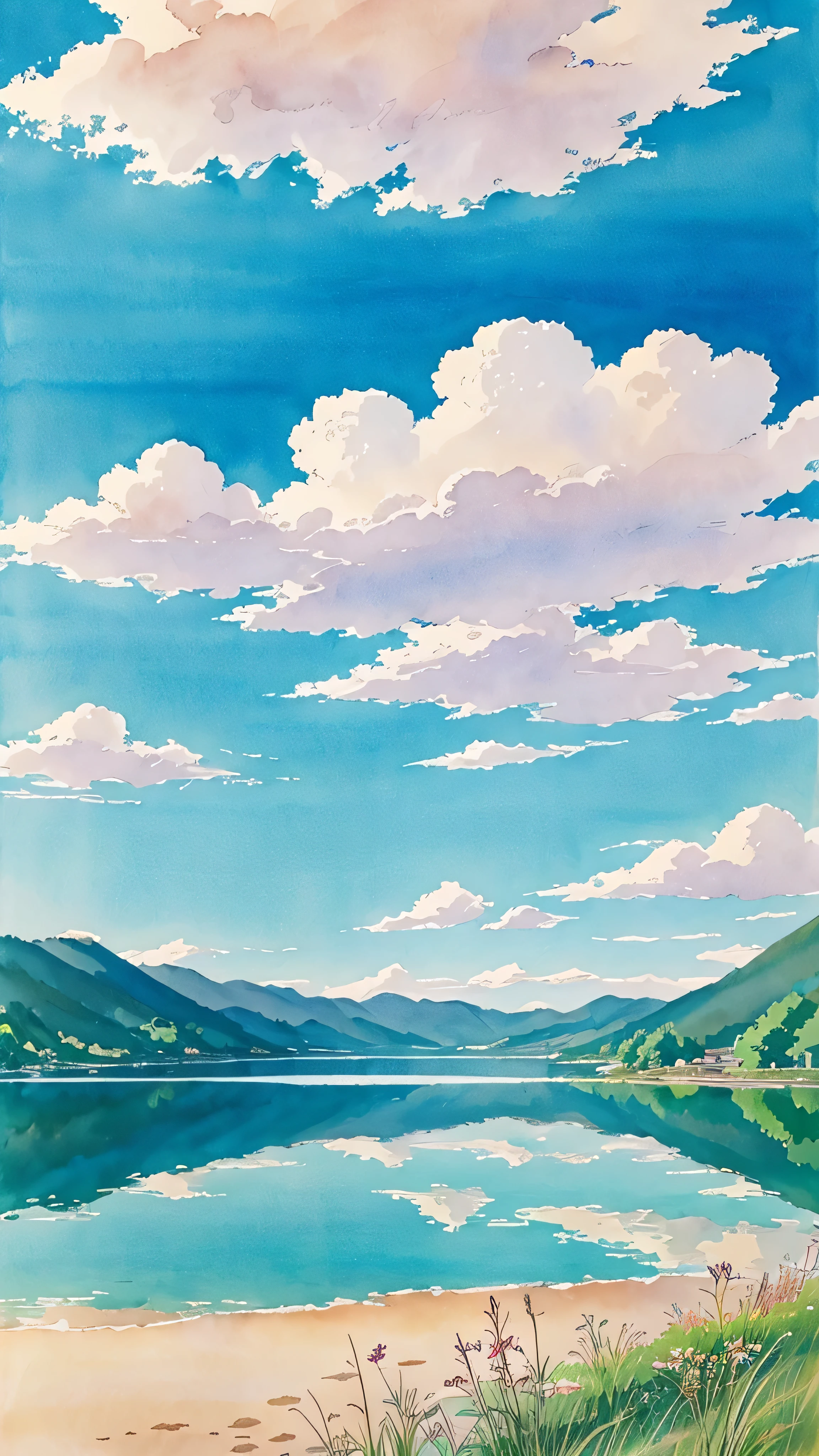a beautiful landscape with a beautiful lake, and a beautiful sky with shining clouds, anime art, water colour art, studio ghibli art