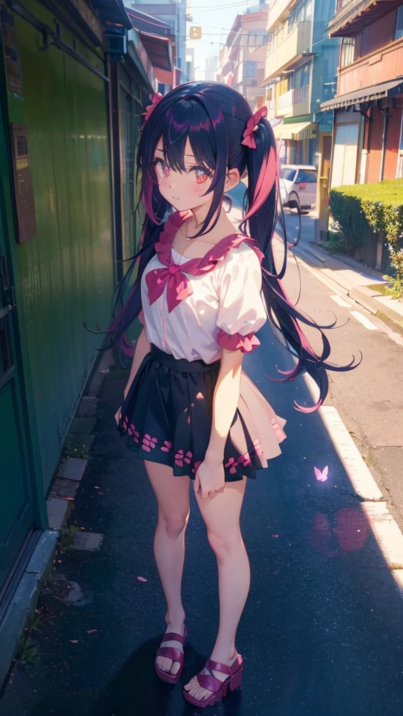 Ai Hoshino, Ai Hoshino, hair between eye, Hair Ornament, Hair Ribbon, Long hair, One side up, (Purple eyes:1.1), Purple hair, rabbit hair ornament, (star-shaped pupils:1.5), symbol-shaped pupils,Brake belt, Black belt, brooches, Dress, Pink dress, frilly dress, Ruffled gloves, frilld, gloves, heart brooch, Idol, Idol clothes, Jewelry, Pink gloves, Red Ribbon, bow ribbon, turtleneck dress,BREAK looking at viewer,BREAK (masutepiece:1.2), Best Quality, High resolution, Unity 8k壁纸, (Illustration:0.8), (Beautiful detailed eyes:1.6), extra detailed face, Perfect Lighting, extremely details CG, (Perfect hands, Perfect Anatomy),Smile with open mouth、outside of house、plein air、Stand on the escalator, (By up escalator), (lower body shot), Thigh Focus, (Taken from the bottom 1.3), (View from behind1.3)、 (black panties:1.3)、(Skirt that rolls up:1.3)、(Fully exposed panties:1.5),