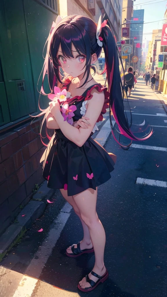 1 anime girl, alone,Black petals flutter, A mysteriously shining butterfly.city,bright pink hair,red gem eyes,long twin tails,thin legs,very clear,highest quality,all around,city,beautiful morning,Asahi,close up face,Sunny,whole body,Sad expression,Standing on a street corner