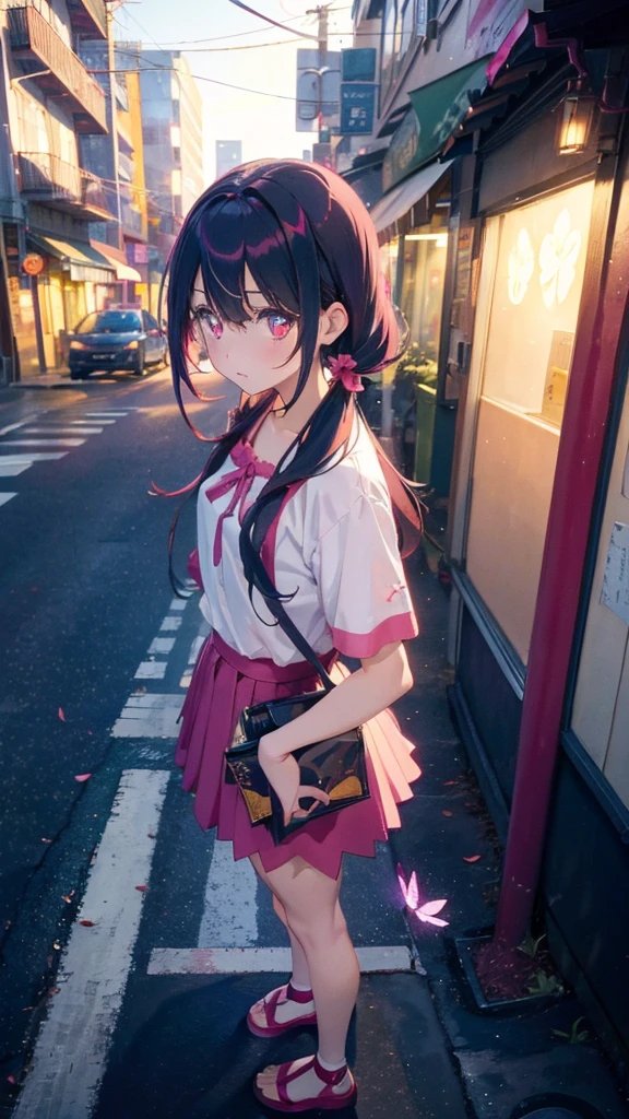 1 anime girl, alone,Black petals flutter, A mysteriously shining butterfly.city,bright pink hair,red gem eyes,long twin tails,thin legs,very clear,highest quality,all around,city,beautiful morning,Asahi,close up face,Sunny,whole body,Sad expression,Standing on a street corner