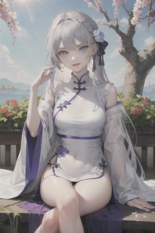 masterpiece, Excellent, daytime, outdoor, Falling Flowers, Branches, Chinese, China, 1 girl, Perfect Woman, woman with long silver hair, Gray blue eyes, Light pink lips, cold, Serious, boom, Purple Eyes, White clothes, Black clothing series, Delicate face, Delicate face, Sitting Legs, Smile