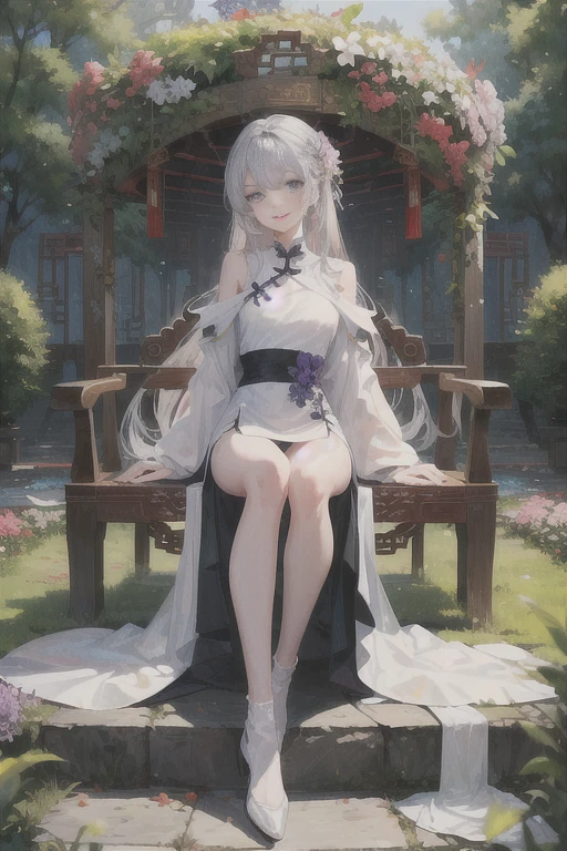 masterpiece, Excellent, daytime, outdoor, Falling Flowers, Branches, Chinese, China, 1 girl, Perfect Woman, woman with long silver hair, Gray blue eyes, Light pink lips, cold, Serious, boom, Purple Eyes, White clothes, Black clothing series, Delicate face, Delicate face, Sitting Legs, Smile