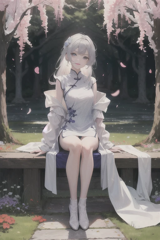 masterpiece, Excellent, daytime, outdoor, Falling Flowers, Branches, Chinese, China, 1 girl, Perfect Woman, woman with long silver hair, Gray blue eyes, Light pink lips, cold, Serious, boom, Purple Eyes, White clothes, Black clothing series, Delicate face, Delicate face, Sitting Legs, Smile