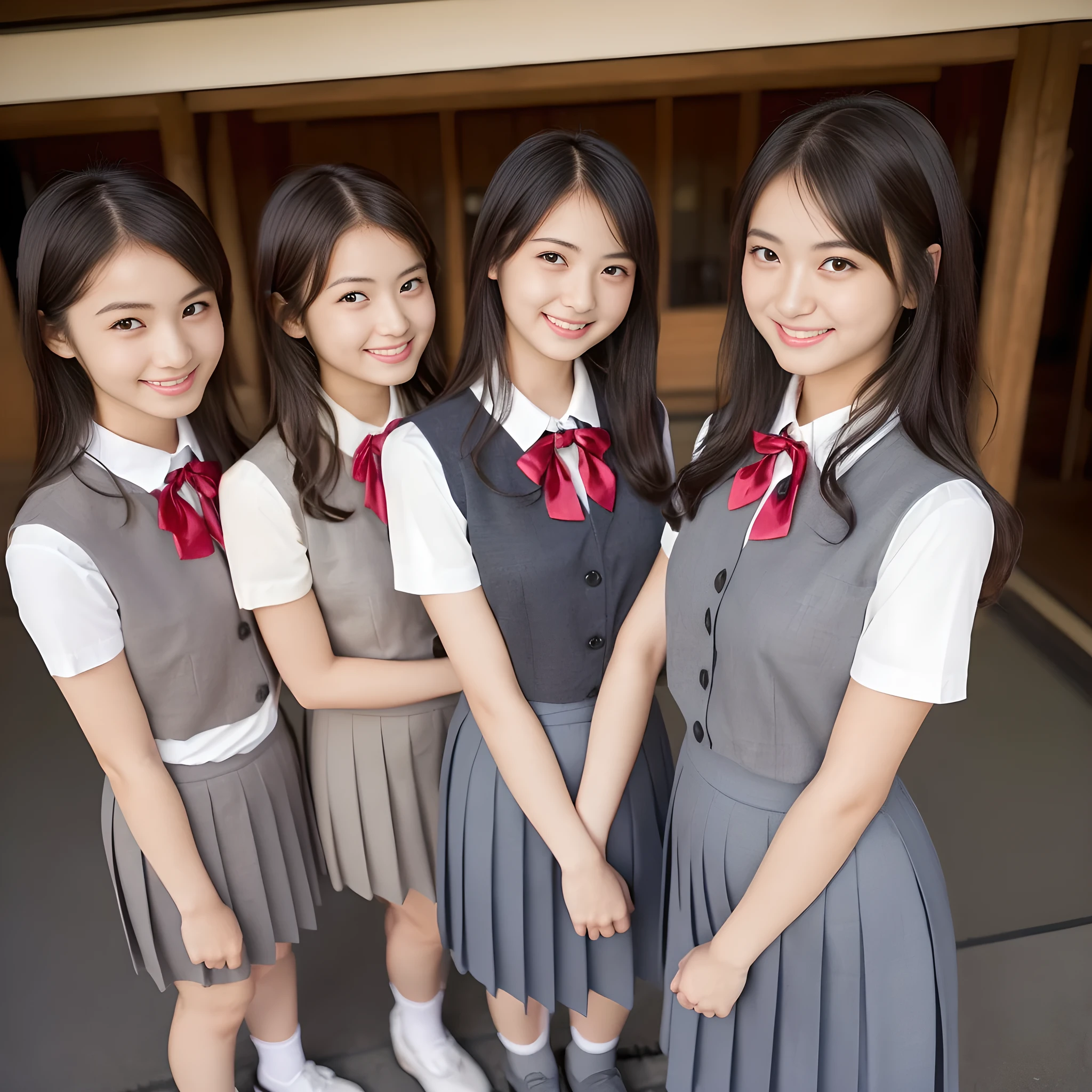 (highest quality, masterpiece:1.2), highest quality, Realistic, photograph, High resolution, 1080p, 8K, Physical Rendering, ((Height: 158cm)), (((( cute girly Japanese fashion models are standing like a fashion model and smiling directly at the viewer)))), (((big very detailed Japanese beautiful dark brown eyes))), ((loving and laughing at me!)), detailed fingers, ((curled blunt bangs)), ((((Very noble and cute eyes)))), ((double eyelids)), (((long eyelashes))), ((cute lovely lovely laughing laughing cheeks)), (((Her facial features are very expressive noble smile, very sweet, very intelligent))), ((((deep red ribbon bow tie)))), ((((black very beautiful and super long straight hair)))), ((((gray box-pleated school long skirt and grey vest)))), noble box-pleated skirt covers knees, ((((A ivory summer blouse with puffed short sleeves)))), ((Classical orchestra concert hall)), ((complexion lightening)), ((Full body shot)), Japanese girls legs, (((white socks and loafers))), (((((The most beautiful girl in Japan)))))