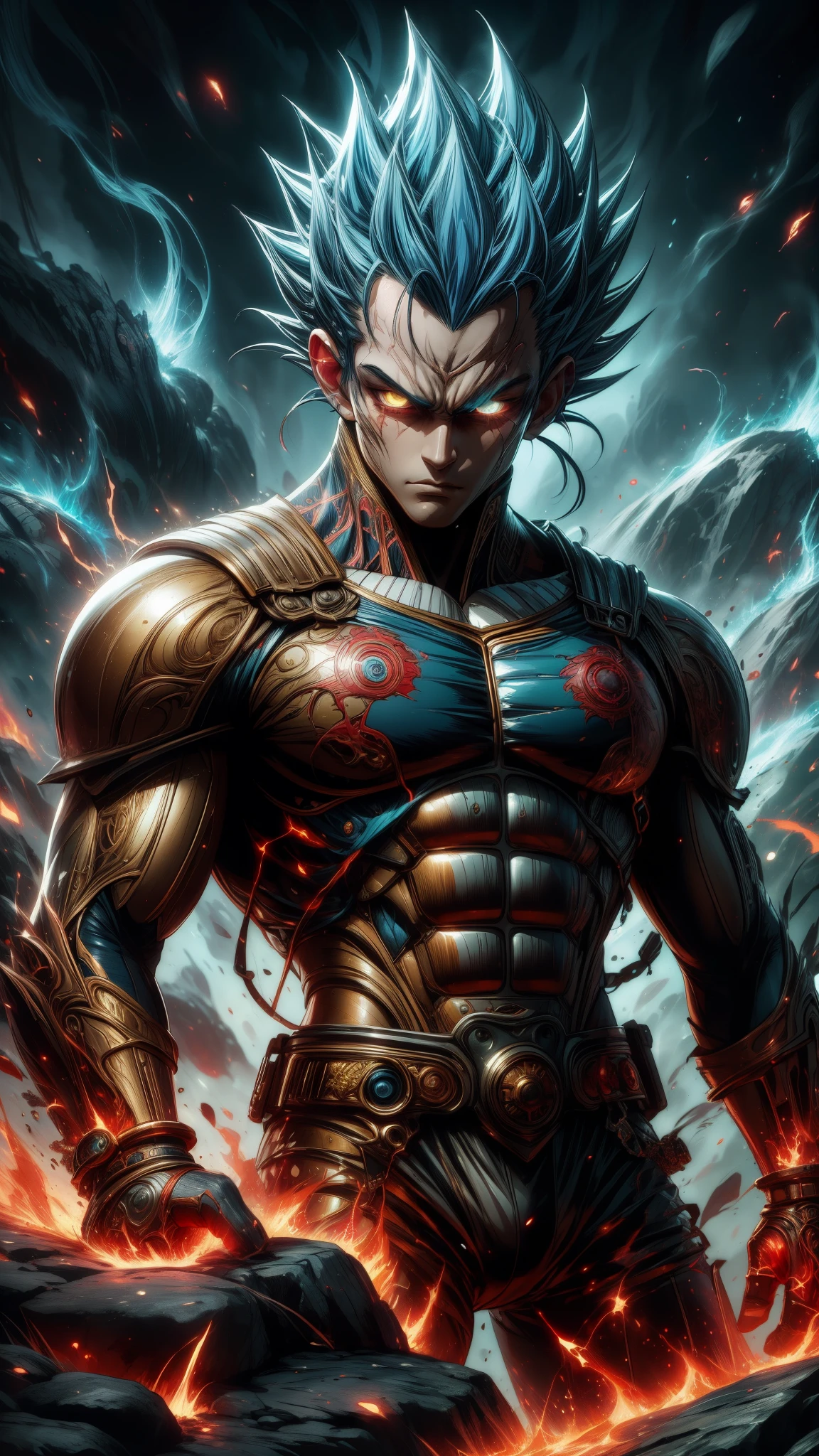 (Aesthetics, Hi-Res: 1.2), Get ready for a visual feast with Vegeta, solo, brilliant blue hair and tattoos, a creature with a handsome face and piercing golden eyes . In his transformed state, he radiates extreme instinct and power, creating an epic animation of this energetic man. fire and lava in stunning anime artwork that will leave you in awe. This concept art comes straight from the Bleach Universe, with manga-style 8k wallpapers that will transport you to another dimension. Prepare to be amazed by this detailed work of digital anime art, representing the ultimate combination of style and power.