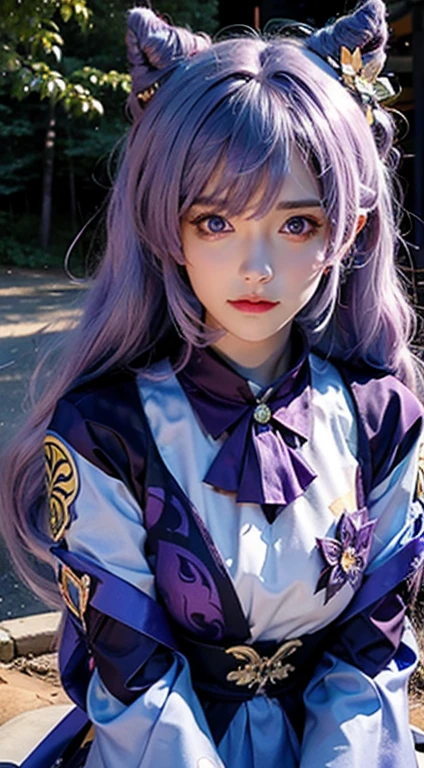 Masterpiece, best quality, detail, depth of field, ultra-realistic, realistic face and eyes, realistic skin texture, cinematic lighting, eyes to see the audience. 1 girl, solo, (frown, closed mouth), keqing_\(genshin_impact\), purple_eyes, purple hair, double tail, sharp eyes, serious face, gloves, black stockings, outdoor, purple lightning, fileg, lightning glowing sword, purple lightning, upper body