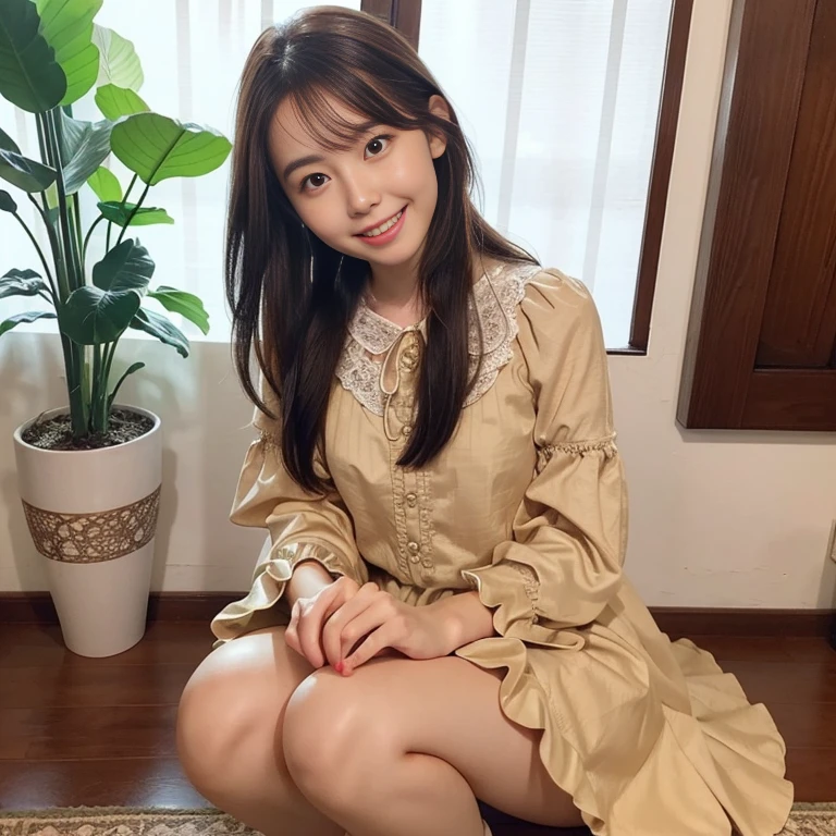 photo realistic, , photo of over the knees:1.2, from below, medium wide shot, a Japanese pretty girl, smile, double teeth, pretty face, happy, eye contact, 14-year-old, double braid, small breasts, flat chest, wearing a gold satin dress, pretty dress with many frills and laces,  Lace Ruffle Gathered Blouse 
,A large lace ruffle that spreads softly
Colors, the area around the face
In the center of the eye-catching ribbon,
Make it more gorgeous with a heart bijou button ,Lace cuffs and stand collar
,It gives a crisp impression