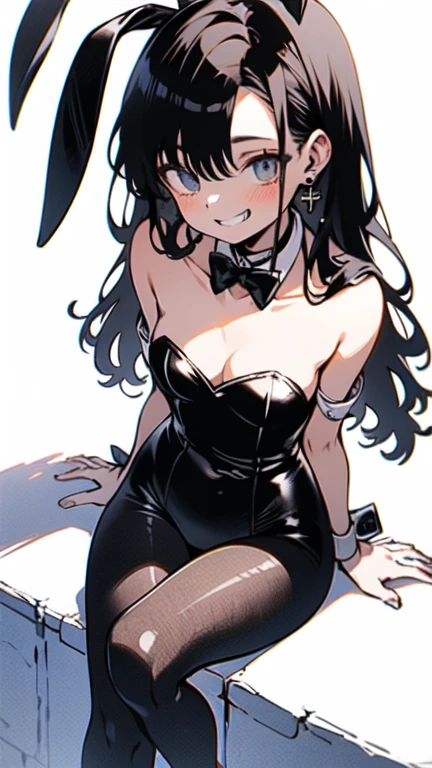 masterpiece, best quality, karin, 1girl, halo, black hair, long hair, yellow eyes, dark-skinned female, official alternate costume, rabbit ears, playboy bunny, black leotard, fishnet pantyhose, detached collar, blue bowtie, white gloves, wrist cuffs, ponytail