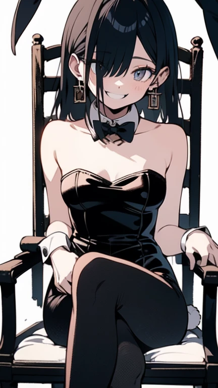 (((Best Quality)), ((masterpiece)), (detailed), prison, One girl,  bare shoulders, femdom, dominatrix, black bustier, black stockings, black g-string, black high heels, Black garter belt, black elbow gloves, looking at viewer, ((evil grin)), ((chair)), ((female sitting in a chair)), ((((viewer on chained)))), ((pull leash)),  stare at viewer with stern eyes,