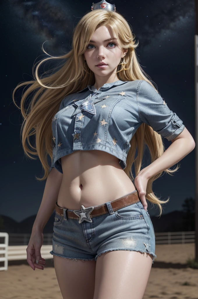 Rosalina, Rosalina, Blonde hair, blue eyes, hair over one eye, long hair, micro shorts, baseball shorts, blouse with star design, belly showing, crown, earrings, jewelry, princess, star earrings, BREAK night , night sky, sky , star\ (sky\), star \(symbol\), space, sun, BREAK looking at the viewer, (cowboy photo: 1.5), BREAK (art: 1.2), best quality, high resolution , 8k unity wallpaper, (art: 0.8), (beautiful detailed eyes: 1.6), extremely detailed face, perfect lighting, extremely detailed CG, (perfect hands, perfect anatomy),