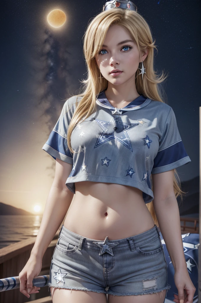 Rosalina, Rosalina, Blonde hair, blue eyes, hair over one eye, long hair, micro shorts, baseball shorts, blouse with star design, belly showing, crown, earrings, jewelry, princess, star earrings, BREAK night , night sky, sky , star\ (sky\), star \(symbol\), space, sun, BREAK looking at the viewer, (cowboy photo: 1.5), BREAK (art: 1.2), best quality, high resolution , 8k unity wallpaper, (art: 0.8), (beautiful detailed eyes: 1.6), extremely detailed face, perfect lighting, extremely detailed CG, (perfect hands, perfect anatomy),
