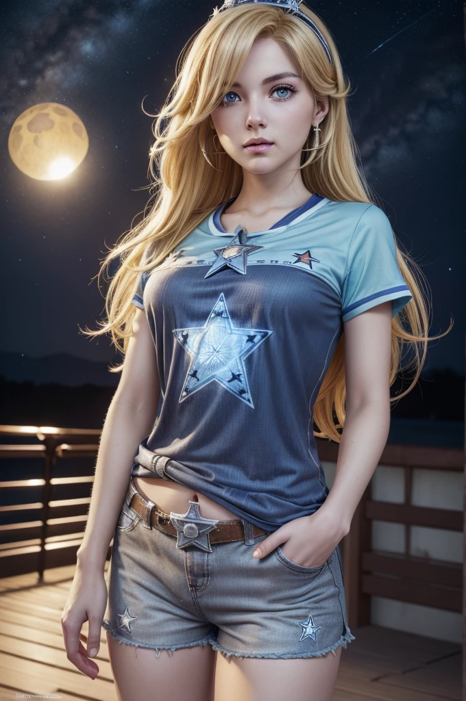 Rosalina, Rosalina, Blonde hair, blue eyes, hair over one eye, long hair, micro shorts, baseball shorts, blouse with star design, belly showing, crown, earrings, jewelry, princess, star earrings, BREAK night , night sky, sky , star\ (sky\), star \(symbol\), space, sun, BREAK looking at the viewer, (cowboy photo: 1.5), BREAK (art: 1.2), best quality, high resolution , 8k unity wallpaper, (art: 0.8), (beautiful detailed eyes: 1.6), extremely detailed face, perfect lighting, extremely detailed CG, (perfect hands, perfect anatomy),