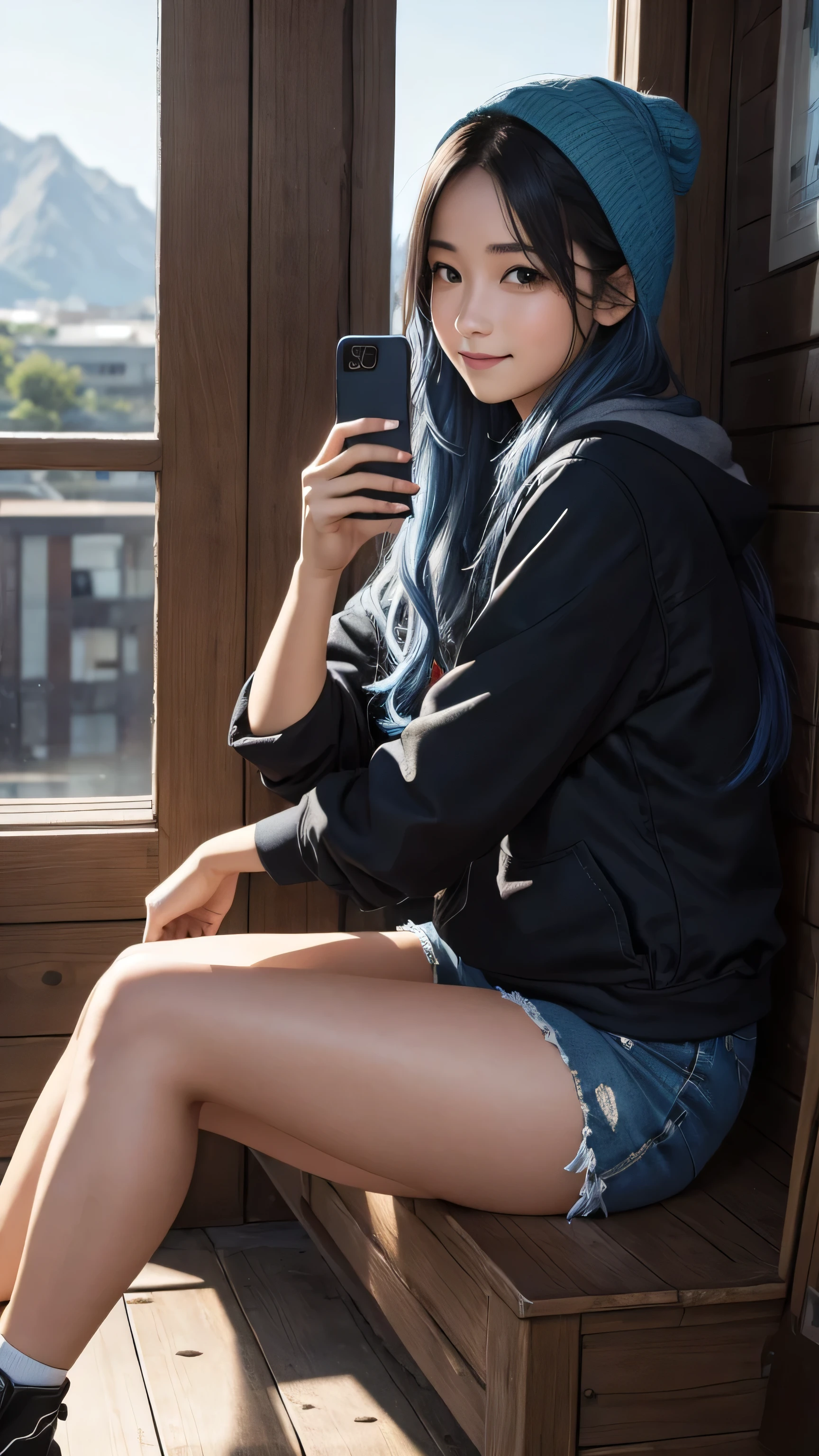 une jeune femme dans la vingtaine, with long wavy blue hair of a soft brown framing a delicate face. Her warm smile lights up her face and transmits positive energy. Nous voyons tout son corps. Elle est en tenue de sport. elle porte aussi des chaussures noires. a un bandana sur le visage et pose comme un gangster. She takes a selfie with her phone