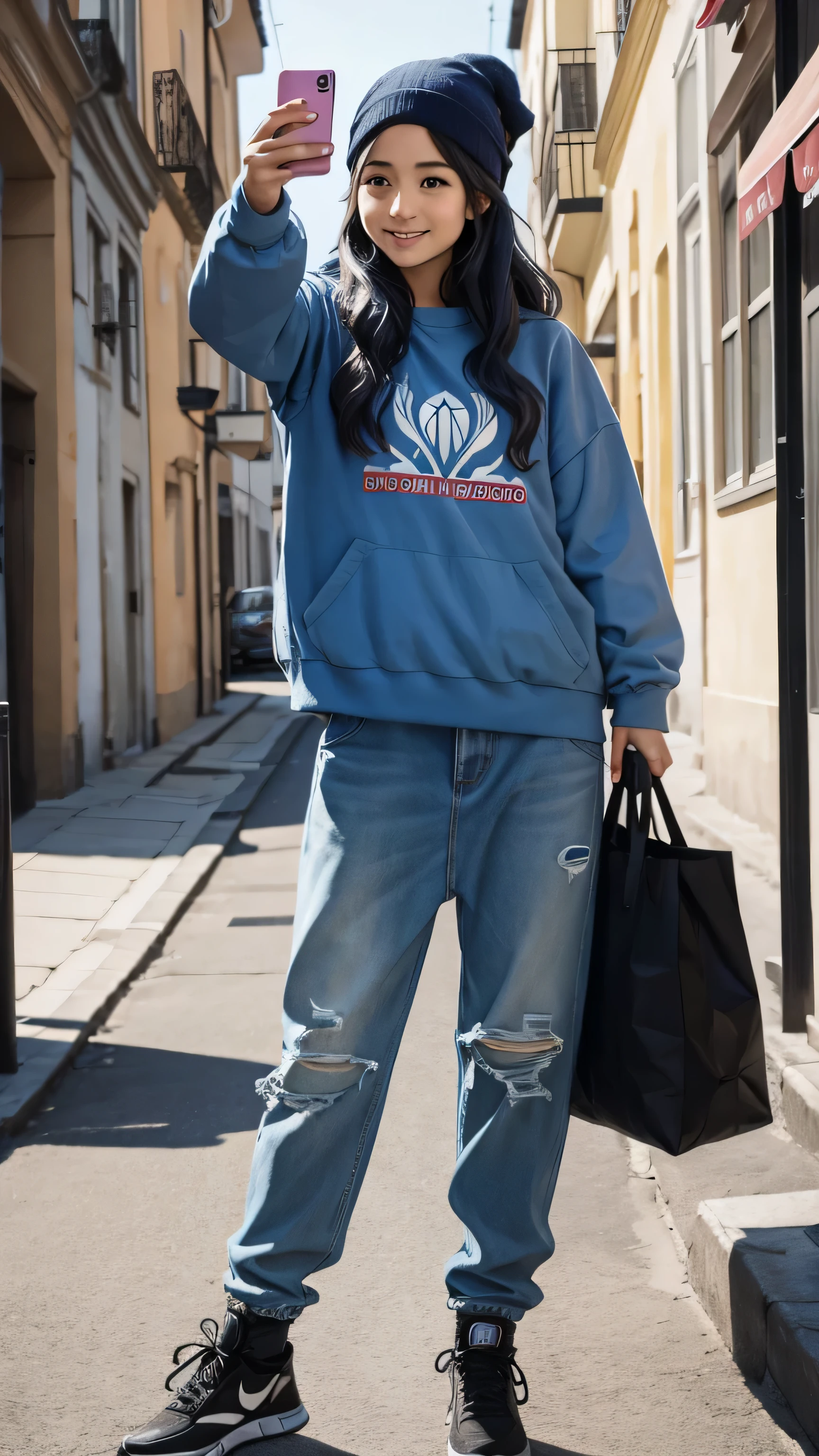 une jeune femme dans la vingtaine, with long wavy blue hair of a soft brown framing a delicate face. Her warm smile lights up her face and transmits positive energy. Nous voyons tout son corps. Elle est en tenue de sport. elle porte aussi des chaussures noires. a un bandana sur le visage et pose comme un gangster. She takes a selfie with her phone