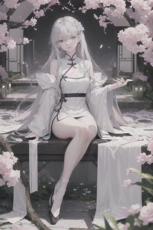 masterpiece, Excellent, daytime, outdoor, Falling Flowers, Branches, Chinese, China, 1 girl, Perfect Woman, woman with long silver hair, Gray blue eyes, Light pink lips, cold, Serious, boom, Purple Eyes, White clothes, Black clothing series, Delicate face, Delicate face, Sitting Legs, Smile