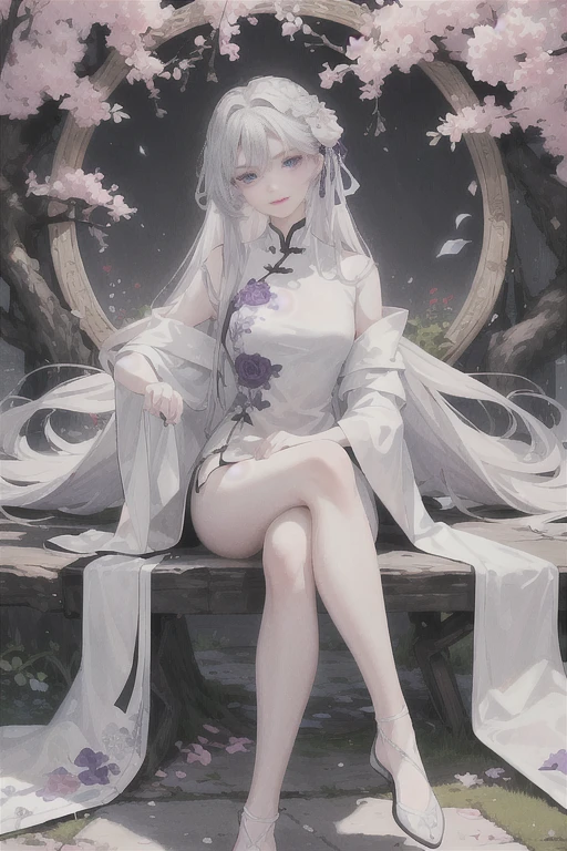 masterpiece, Excellent, daytime, outdoor, Falling Flowers, Branches, Chinese, China, 1 girl, Perfect Woman, woman with long silver hair, Gray blue eyes, Light pink lips, cold, Serious, boom, Purple Eyes, White clothes, Black clothing series, Delicate face, Delicate face, Sitting Legs, Smile