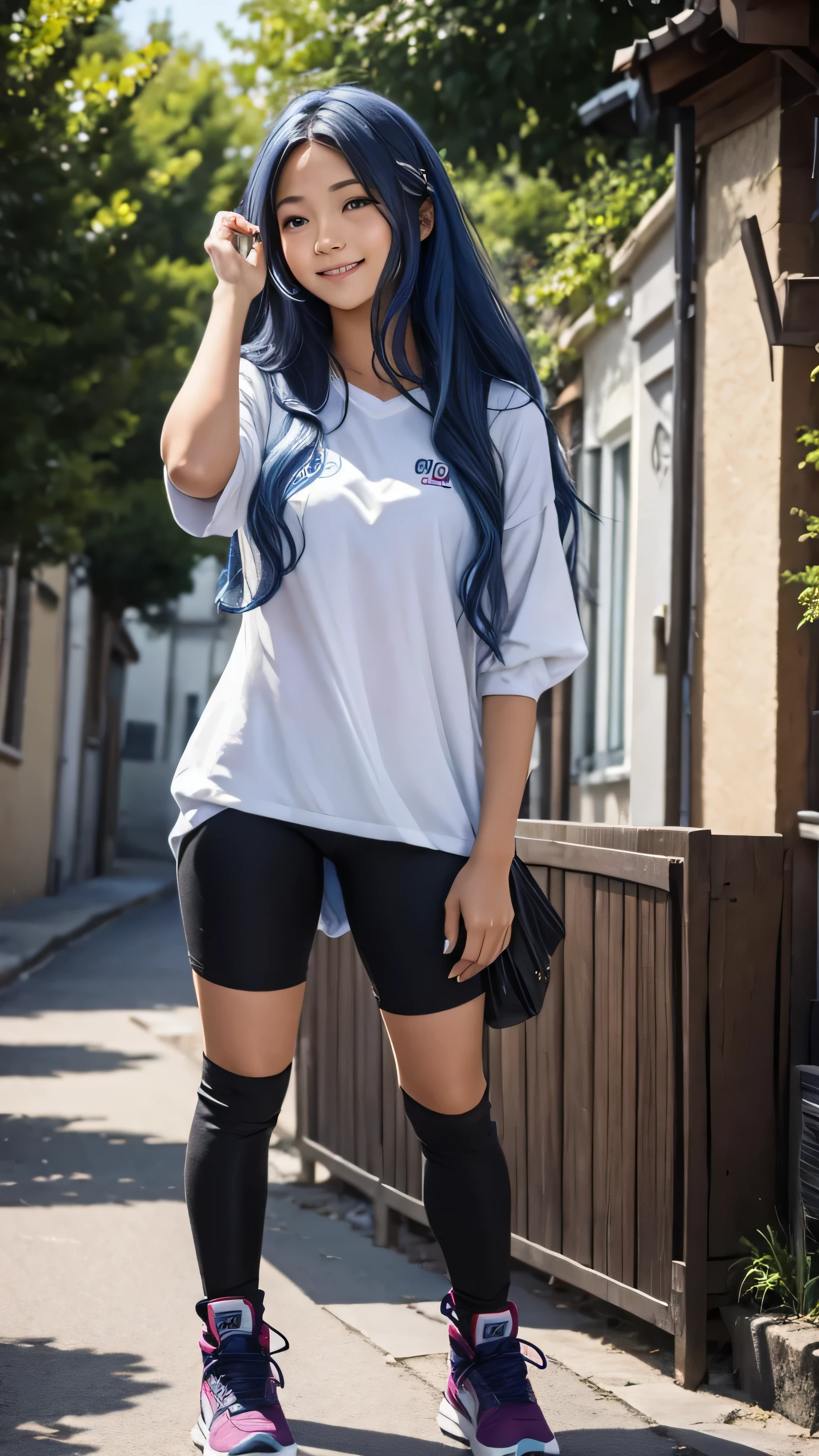 une jeune femme dans la vingtaine, with long wavy blue hair of a soft brown framing a delicate face. Her warm smile lights up her face and transmits positive energy. Nous voyons tout son corps. Elle est en tenue de sport. elle porte aussi des chaussures noires. a un bandana sur le visage et pose comme un gangster. She takes a selfie with her phone