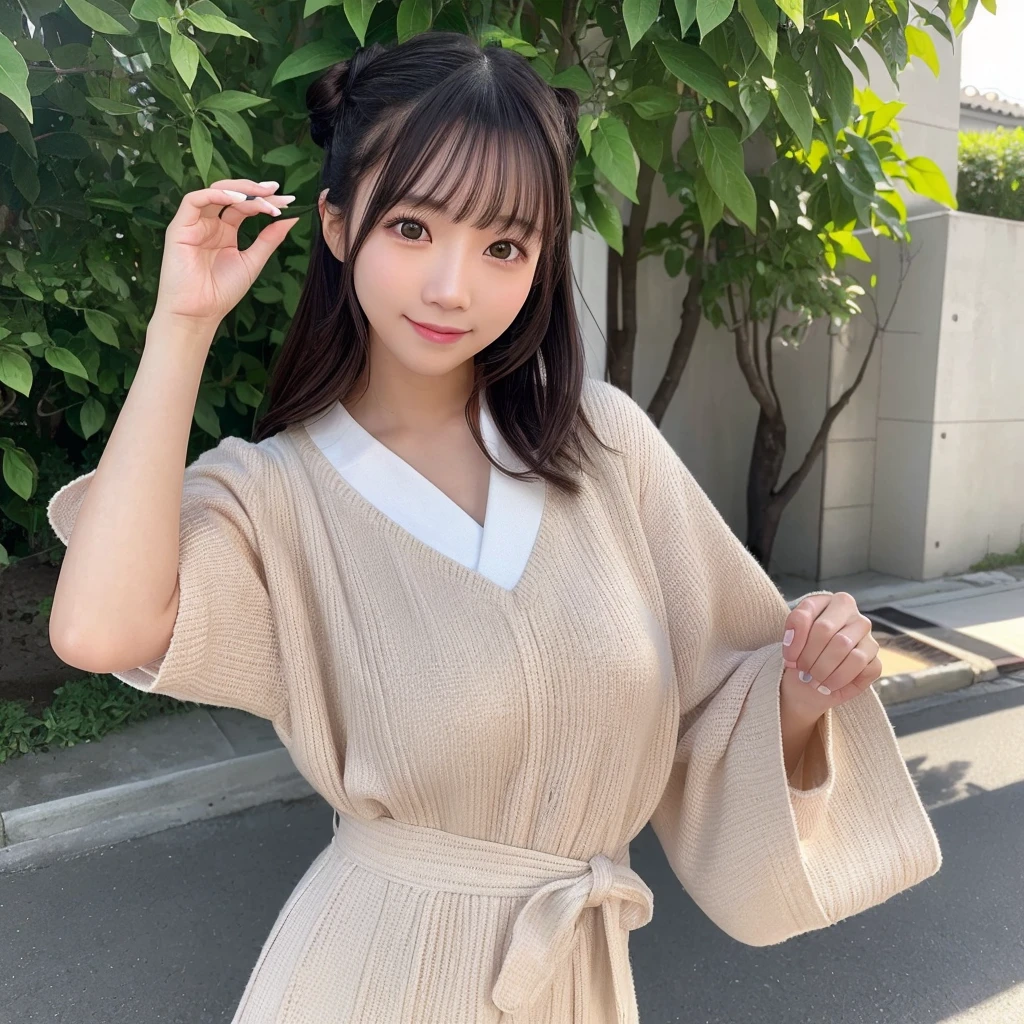 Feminine summer outfit、Random pose、(highest quality,masterpiece:1.3,超A high resolution,),(Ultra-detailed,Caustics),(Photorealistic:1.4,RAW shooting,)Ultra-Realistic Capture,Very detailed,High resolution 16K human skin closeup、 The skin texture is natural、The skin looks healthy、The color is also uniform.、 Use natural light and color,1 girl,Japanese,,cute,Black Hair,,smile,,(Depth of written boundary、chromatic aberration、、Wide range of lighting、Hair Bun、24-years-old、Street Snap