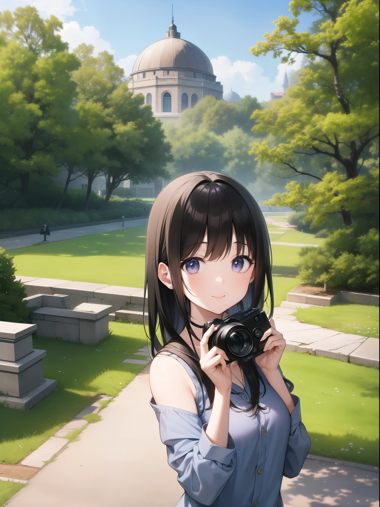 A young woman with shoulder-length black hair、Wearing a grey floral shirt、A detailed illustration of a smiling person making a peace sign while holding a camera。she、Standing in front of a partially abandoned historic building with a domed structure、Cherry blossom trees in full bloom々It is located in a scenic environment surrounded by rivers and。The sky is clear and blue、In the background, several people are enjoying the scenery々There are。