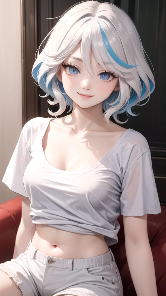 Masterpiece, high quality, high resolution, a girl, bust, silver white hair, gradient hair color, short hair, large dull hair, covering ears, blue eyes, dotted pupils, open eyes, looking at the audience, crop top, white tank top, black sports shorts, smile, long eyelashes, bed, indoor