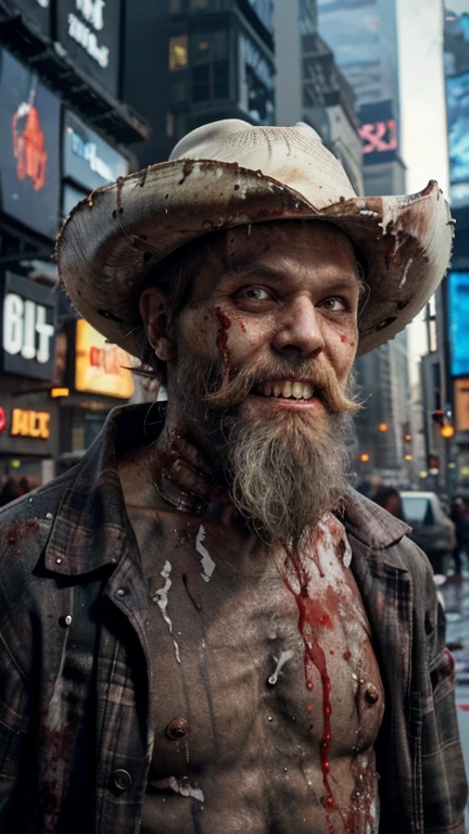 ((Decay skin)) Old zombie man, male, older male figure, ((skull face)), dreary, magnificent, fog, low key, ((RAW photo, 4K, Realistic, Exquisitely Detailed Skin)), Masterpiece, Best quality, offcial art, Unity 8k wallpaper, Ultra detailed , (detaile zombie face),((bloody mouth)), walking away, standing, ((full body)), rincled skin, (decay skin), ((pealing off skin decay)),((detailed skull under skin)), detailed decay skin, looking at the camera, ((grey long beard)), dirty red and black flannel shirt, old black cowboy hat, ((cowboy hat)), masterpiece, best quality, extremely detailed eyes, cinematic lightning, intricate detail, highres, official art, finely detailed face, high resolution illustration, 8k, depth of field, ((zombie)), short white hair and blue eyes, short white hair, detailed blue eyes, times square New York city, full body, looking at viewer, time square background, NYC, extremely detailed background, zombie decay skin, detailed face decay, decay, terror,((skull decay face)) scary looking, extremely detailed eyes, extremely realistic photo, extreme terror movie scenario, ((long white beard)), older male zombie (((bloody mouth))) ,(smiling), big smile, happy