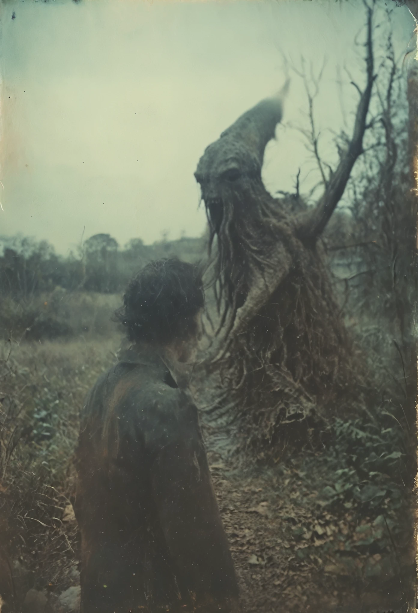 side-view, perspective, grainy, polaroid, 35mm vintage, super realistic old photo, old camera, heavy shading, eerie, horror, civilization suppressed by monsters, lovecraft, cthulu, Baldur's gate