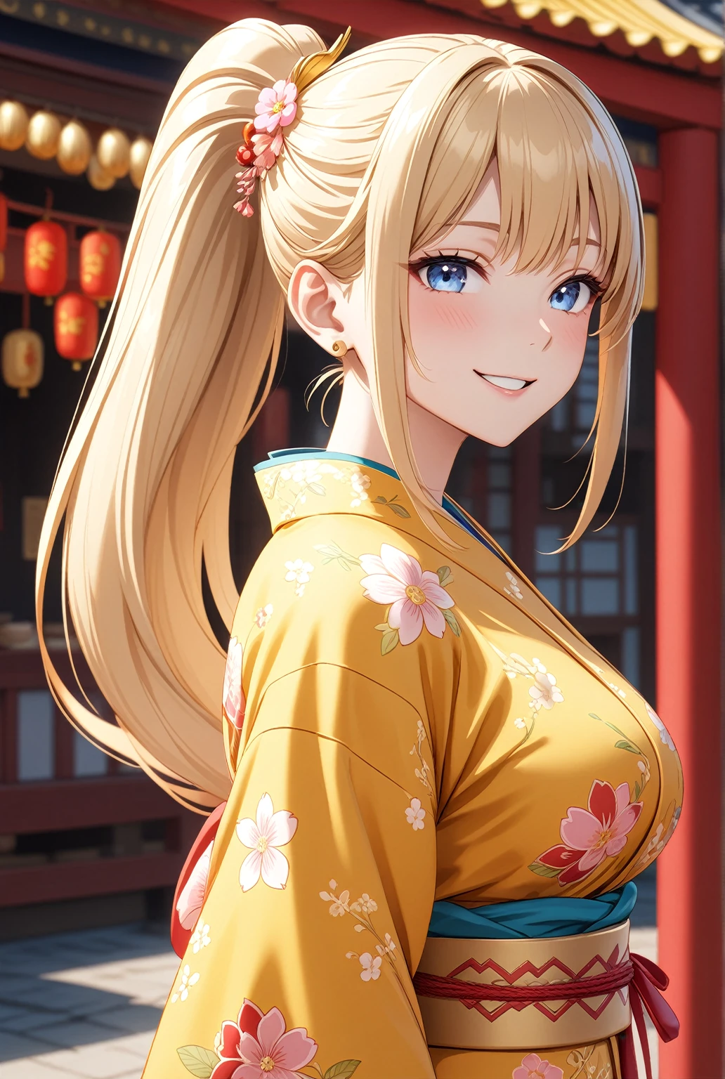 ((One woman)), Beautiful Face,Laughing embarrassedly,((Wink:1.6)),Laugh with a big mouth,Become bright red,Sweat on the face,Glossy pink lips,Daytime,Shrine festival stalls, ((Anime style background)),masterpiece, highest quality, so beautiful, up to date, Complex details, (Pink long nails),AI-generated, Complex,High resolution, highest quality, super high quality,3D Images、View the viewers、3D Images,one person,Long Blonde Hair,High Ponytail,blue eyes,Anime woman posing for a photo, [[Fine grain、Colorful eyes、Shining Eyes:1.15]],(Squint your eyes:1.1),a hyperRealistic , hyperRealistic , Realistic,Blonde anime woman with long hair, Smooth anime CG art, A woman in a colorful kimono with gold embroidery, (Yellow kimono),Pink floral pattern,Long flower hair ornament,Big earrings,(Large Breasts:1.2),Mature Body,tall,Big Ass,Fine details,Narrow waist,Six-pack,Look Back,looking at the camera