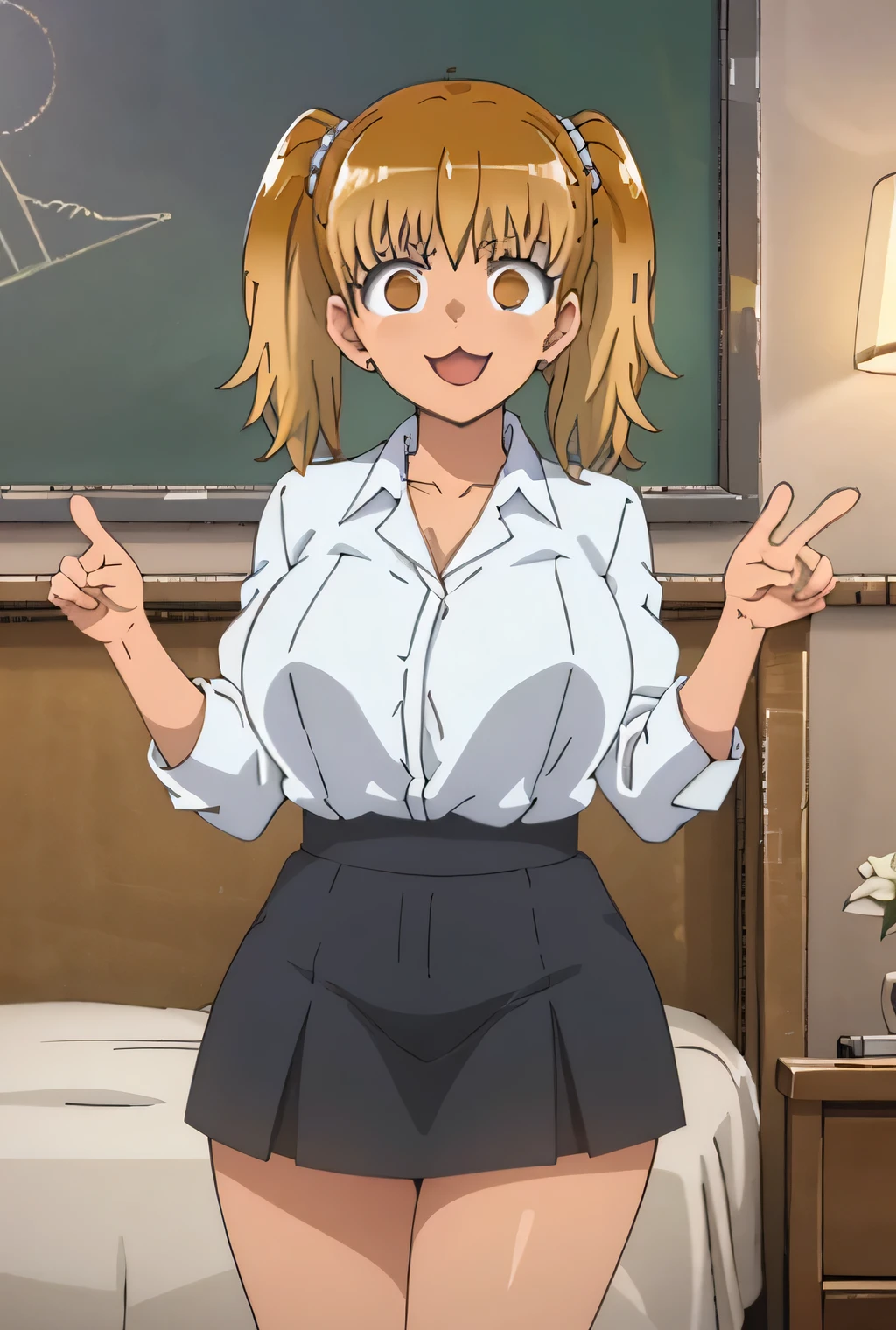 very detailed, high quality (medium long shot), illustration from the anime Ijiranaide Nagatoro San, of the character Yoshi, very voluptuous body, very thick thighs, large breasts, wide hips, v-shaped body, dark orange eyes, a cabin of a cruise, wearing a white shirt and a black skirt, happy and blushing expression