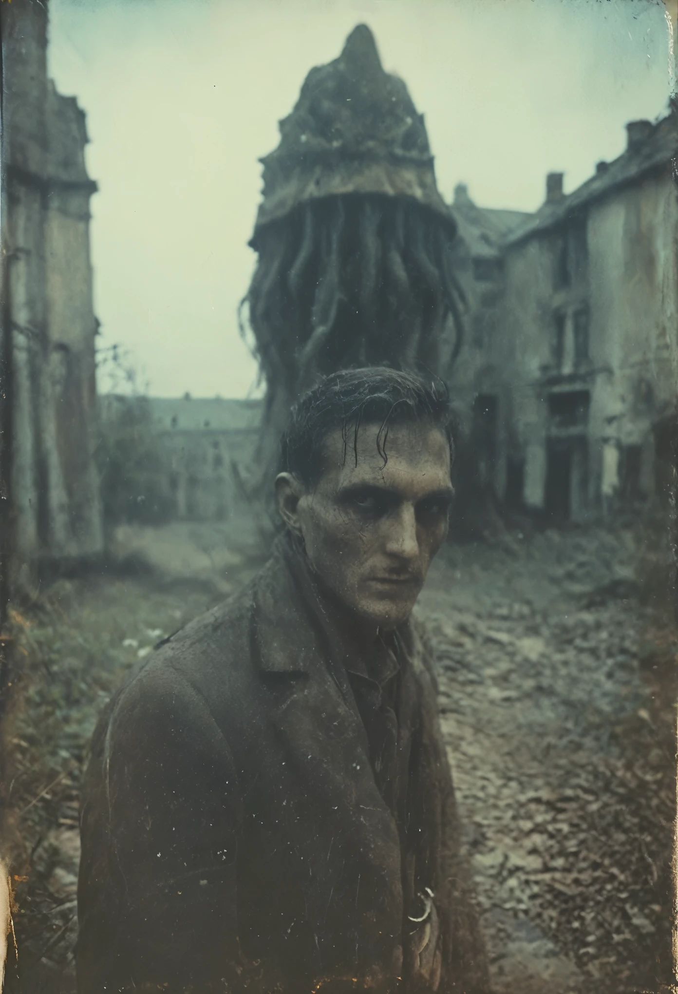 side-view, perspective, grainy, polaroid, 35mm vintage, super realistic old photo, old camera, heavy shading, eerie, horror, civilization suppressed by monsters, lovecraft, cthulu, Baldur's gate