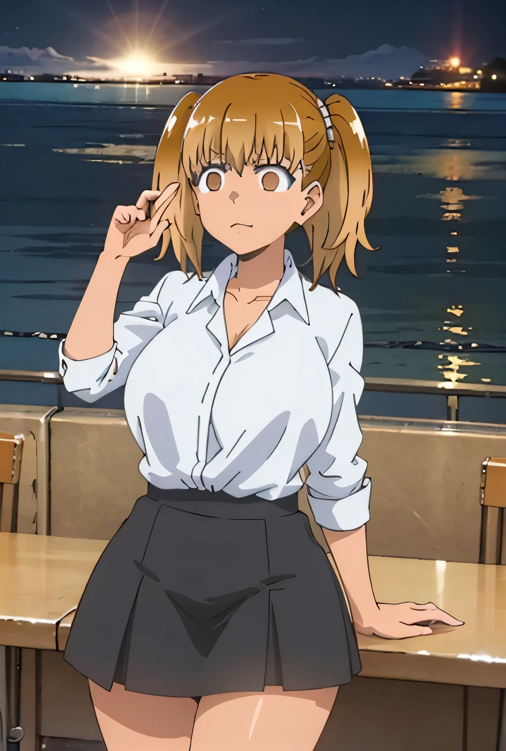 very detailed, high quality (medium long shot), illustration from the anime Ijiranaide Nagatoro San, of the character Yoshi, very voluptuous body, very thick thighs, large breasts, wide hips, v-shaped body, dark orange eyes, a cabin of a cruise, with a white shirt and a black skirt