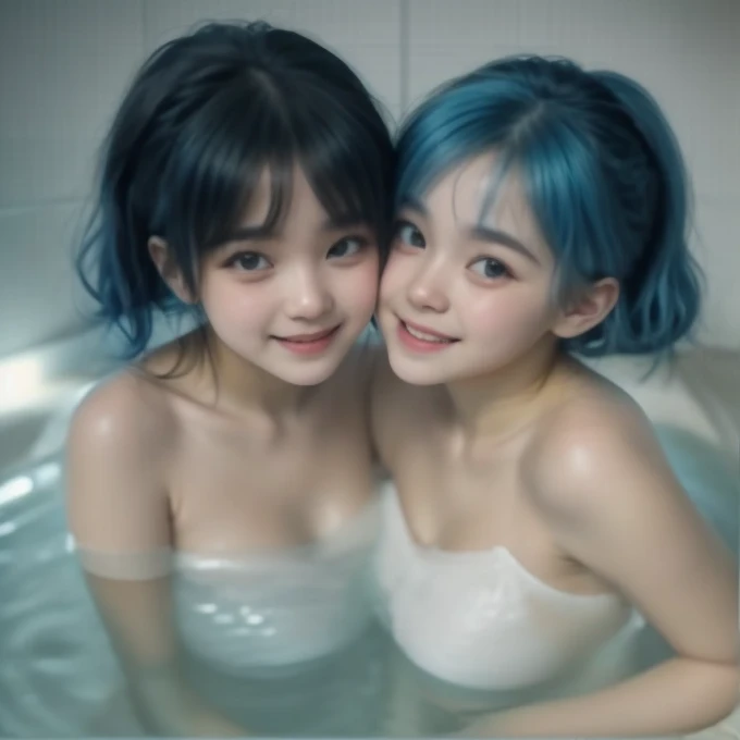 Two small chested fox eared kindergarden girls are taking a bath on a bathup. Their body are full of soap. They are twin. They both seven months pregnant. They are kissing each others. They wear a tiny glittering light blue tank top. They have a very long glittering light blue hair. Their eyes are light blue. They are stunning, cunning, beautiful, and very very cute. They show a huge smile with teeth