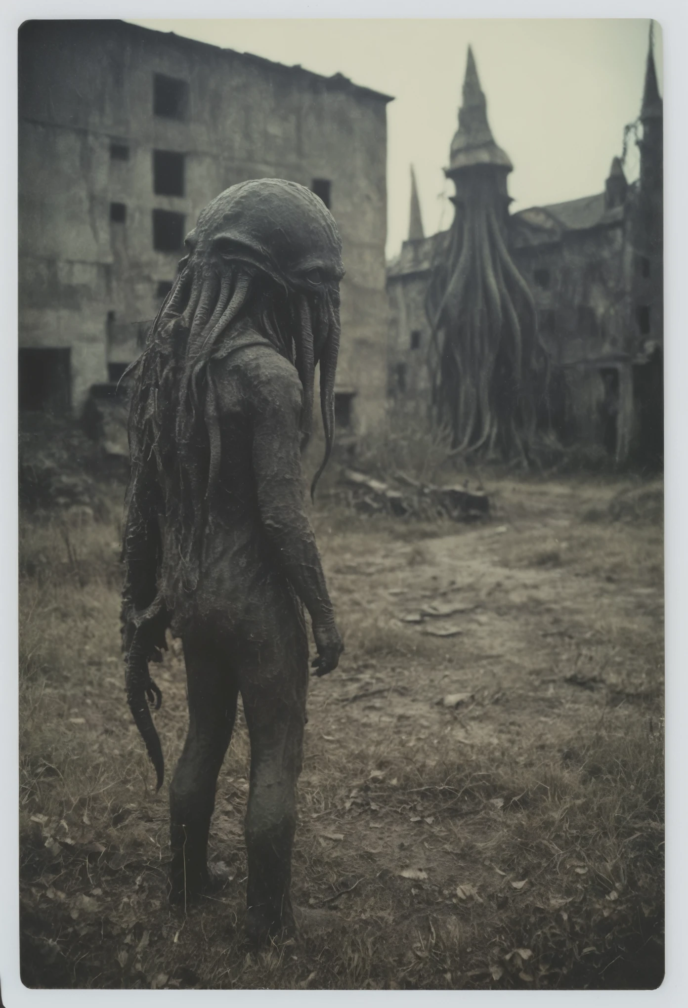 side-view, perspective, grainy, polaroid, 35mm vintage, super realistic old photo, old camera, heavy shading, eerie, horror, civilization suppressed by monsters, lovecraft, cthulu, Baldur's gate