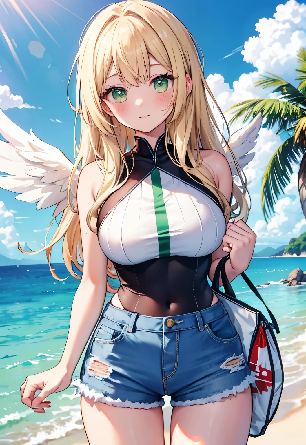 blonde，Green eyes，Long hair，Double tail，blush，Large Breasts，White race swimsuit，Denim shorts，Seaside background，Angel Family，Golden Wings，Bedroom Background