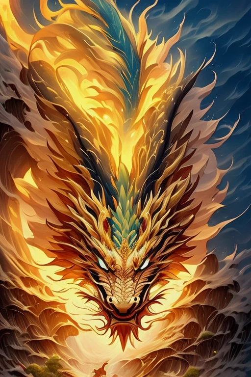 So sublime and divine々A beautiful golden dragon floats in the center of the screen, glaring at the camera.。金色のThe dragon is幸せをもたらす神なのでとても有難い存在である。The surrounding area is a canyon where no one can get close, and lightning is flashing in the background.、The sun is shining brightly。The dragon is、I want a realistic image。