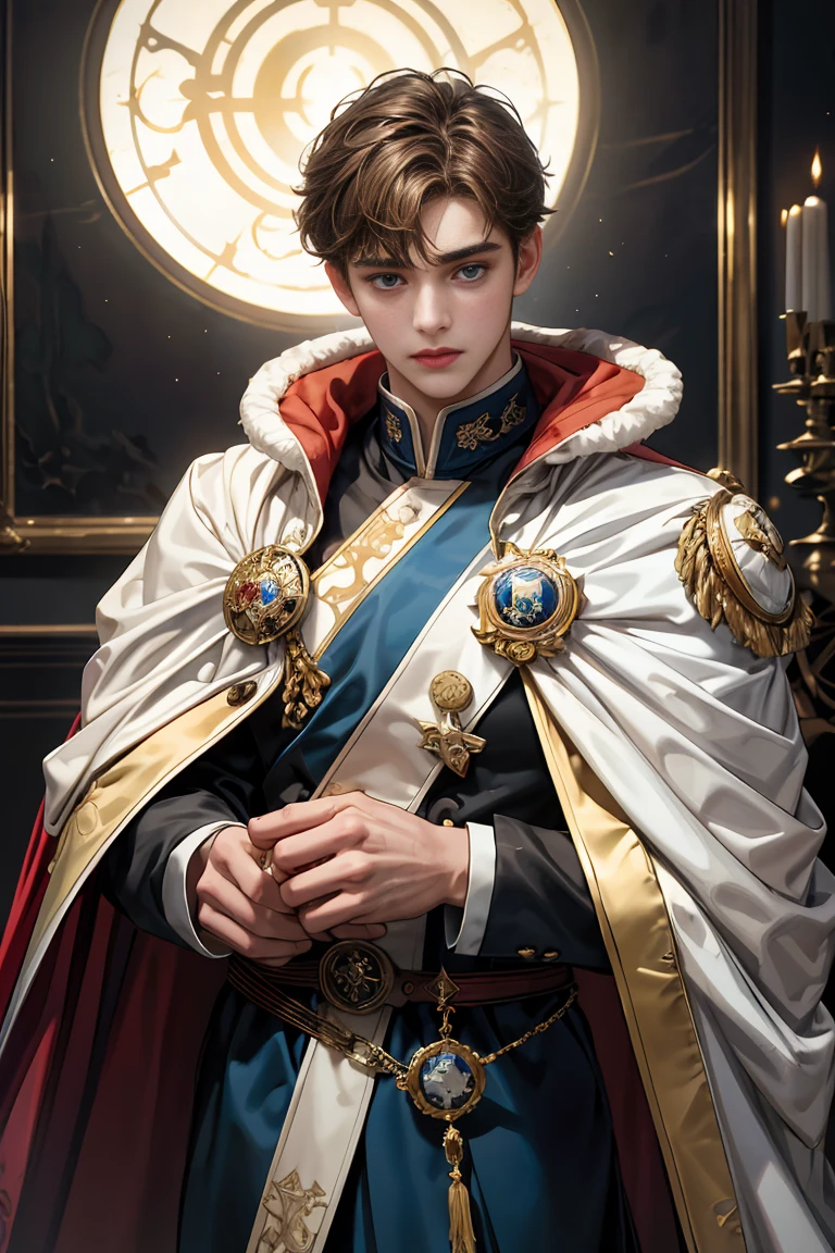 
masterpiece, 最high quality, high quality, 1 boy, alone, Male focus, Watching the audience,  Messy brown hair, Adorable big blue eyes, White, Noble, Noble, Beautiful Bomber Cape、A very voluminous, large, very large, very large, long, long red and black cape with a high stand-up collar, made of a lot of fabric that reaches down to the floor., 17 years old,Cute beautiful boys,Cute, cute, kind, handsome guy