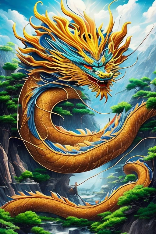 So sublime and divine々A beautiful golden dragon floats in the center of the screen, glaring at the camera.。金色のThe dragon is幸せをもたらす神なのでとても有難い存在である。The surrounding area is a canyon where no one can get close, and lightning is flashing in the background.、The sun is shining brightly。The dragon is、I want a realistic image。