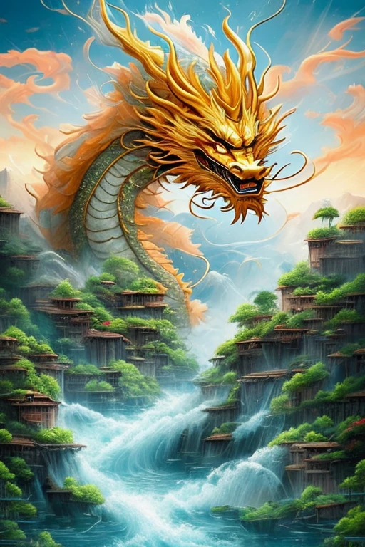 So sublime and divine々A beautiful golden dragon floats in the center of the screen, glaring at the camera.。金色のThe dragon is幸せをもたらす神なのでとても有難い存在である。The surrounding area is a canyon where no one can get close, and lightning is flashing in the background.、The sun is shining brightly。The dragon is、I want a realistic image。