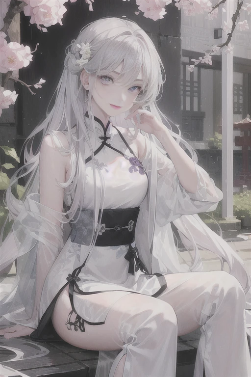 masterpiece, Excellent, daytime, outdoor, Falling Flowers, Branches, Chinese, China, 1 girl, Perfect Woman, woman with long silver hair, Gray blue eyes, Light pink lips, cold, Serious, boom, Purple Eyes, White clothes, Black clothing series, Delicate face, Delicate face, Sitting Legs, Smile
