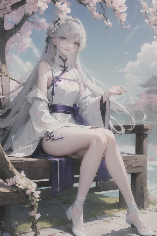 masterpiece, Excellent, daytime, outdoor, Falling Flowers, Branches, Chinese, China, 1 girl, Perfect Woman, woman with long silver hair, Gray blue eyes, Light pink lips, cold, Serious, boom, Purple Eyes, White clothes, Black clothing series, Delicate face, Delicate face, Sitting Legs, Smile
