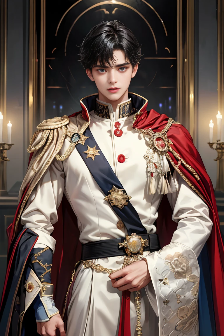 
masterpiece, 最high quality, high quality, 1 boy, alone, Male focus, Watching the audience,  Messy black hair, Adorable big blue eyes, White, Noble, Noble,Sexy Bomber Cape、A very voluminous, large, very large, very large, long, long red and black cape with a high stand-up collar, made of a lot of fabric that reaches down to the floor., ************,Cute beautiful boys,Cute, cute, kind, handsome guy